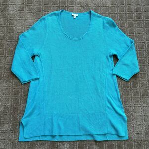 J. Jill Linen Blend Scoop Neck Knit Sweater Tunic Blue Women's M 3/4 Sleeve